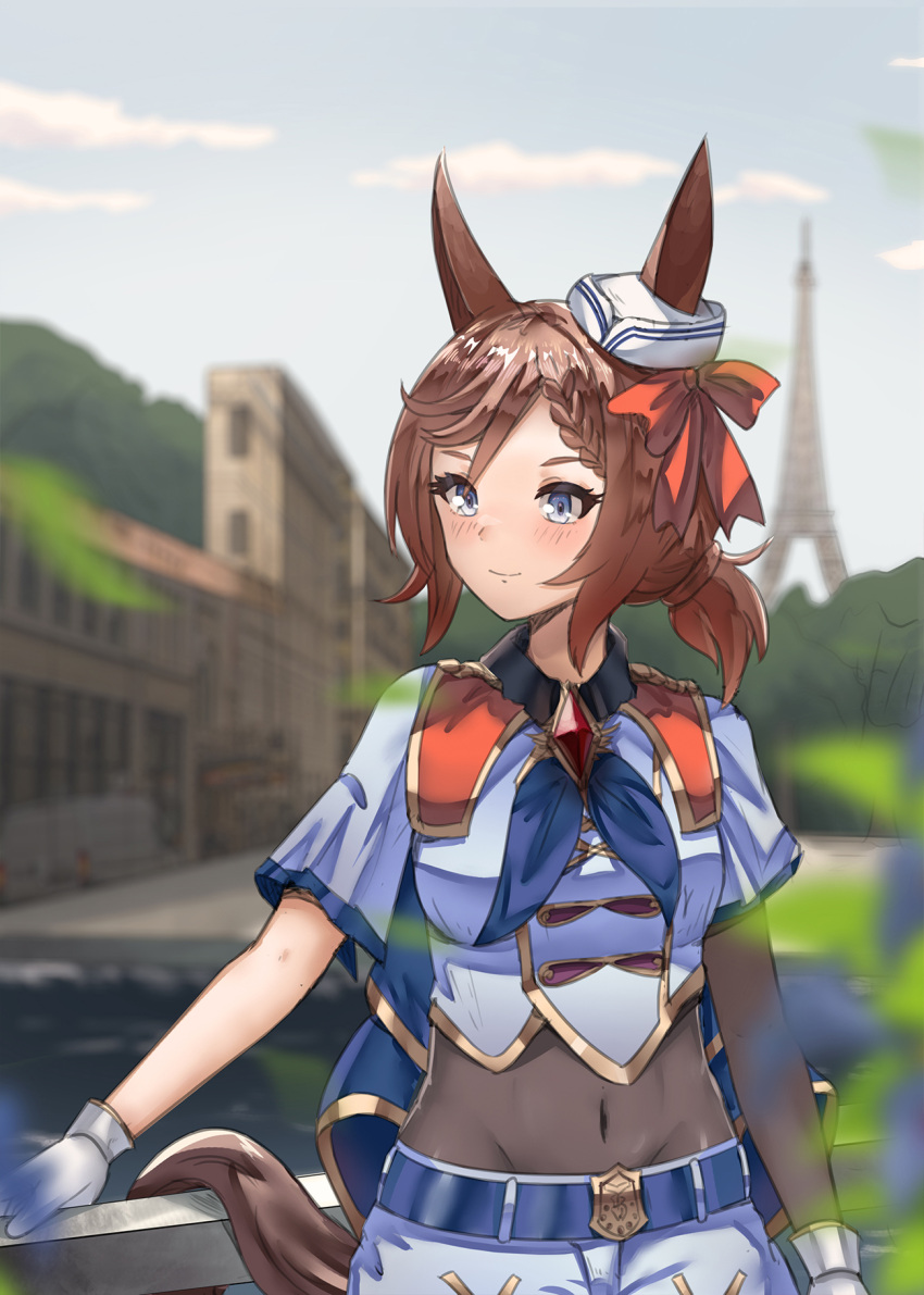 1girl animal_ears belt blue_belt blue_eyes blue_neckerchief blurry blurry_background blurry_foreground blush braid breasts brown_hair commentary_request cowboy_shot ears_through_headwear eiffel_tower gloves highres horse_ears horse_girl horse_tail looking_to_the_side medium_hair navel neckerchief outdoors pants paris short_sleeves single_braid small_breasts smile solo t90s_mk2 tail umamusume venus_park_(umamusume) white_gloves white_pants