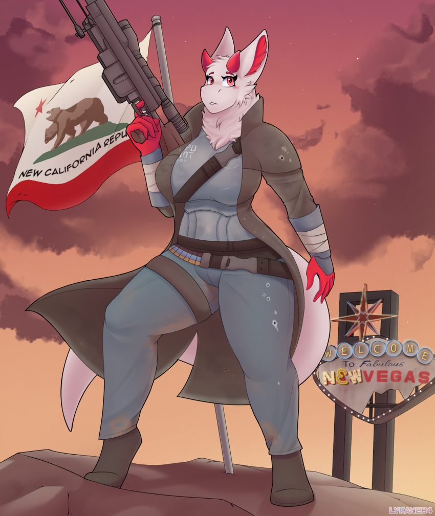afternoon anthro armor bethesda_softworks breasts clothed clothing detailed_background digital_media_(artwork) dragon fallout fallout_nv female flag gun hi_res holding_object horn lykan284 multicolored_body nipples outside ranged_weapon sky solo solo_focus tail weapon