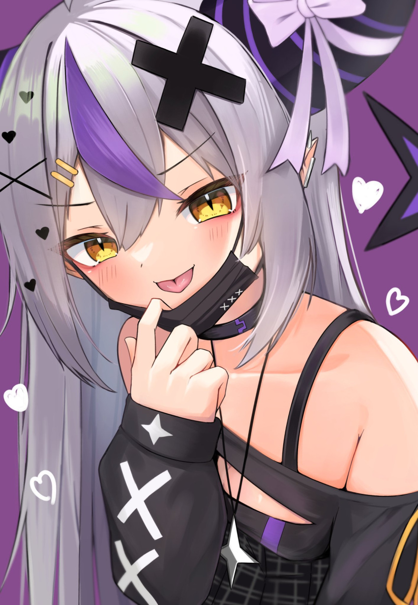 1girl :p alternate_costume bare_shoulders black_horns braid braided_bangs cleavage_cutout clothing_cutout hair_ornament highres hololive horn_ornament horn_ribbon horns la+_darknesss mask mouth_mask multicolored_hair nito_nitro pointy_ears purple_hair ribbon streaked_hair striped_horns tongue tongue_out virtual_youtuber yellow_eyes