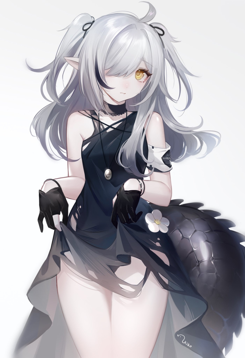 1girl ahoge arknights bare_shoulders black_dress black_hair black_ribbon closed_mouth clothes_lift crocodilian_tail crying dress dress_lift grey_background grey_hair hair_over_one_eye hair_ribbon highres jewelry kiko lifted_by_self long_hair looking_at_viewer multicolored_hair necklace orange_eyes pointy_ears ribbon signature simple_background solo streaked_hair tail tears tomimi_(arknights) torn_clothes torn_dress two_side_up