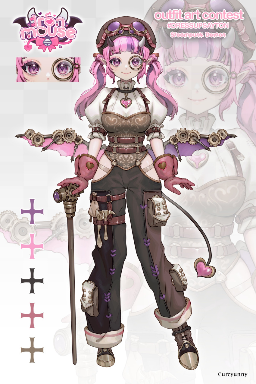 1girl absurdres asymmetrical_horns black_horns black_pants breasts brown_headwear cleavage demon_girl demon_horns demon_tail demon_wings full_body gears gloves goggles goggles_on_headwear heart heart-shaped_pupils highres horns ironmouse large_breasts long_hair long_sleeves looking_at_viewer mechanical_wings monocle multicolored_hair pants pink_gloves pink_hair pointy_ears puffy_short_sleeves puffy_sleeves purple_eyes purple_hair short_sleeves smile steampunk streaked_hair symbol-shaped_pupils tail twintails victorian virtual_youtuber vshojo white_horns wings yunnies