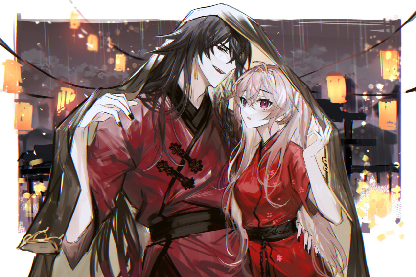 1boy 1girl black_coat black_hair black_nails braid chinese_clothes coat coat_over_head ear_piercing earrings hand_on_another's_hip highres jewelry lantern long_hair original paper_lantern piercing pink_eyes pink_hair rain red_eyes red_shirt red_tunic remsrar shared_clothes shared_coat shirt tassel tassel_earrings twintails very_long_hair