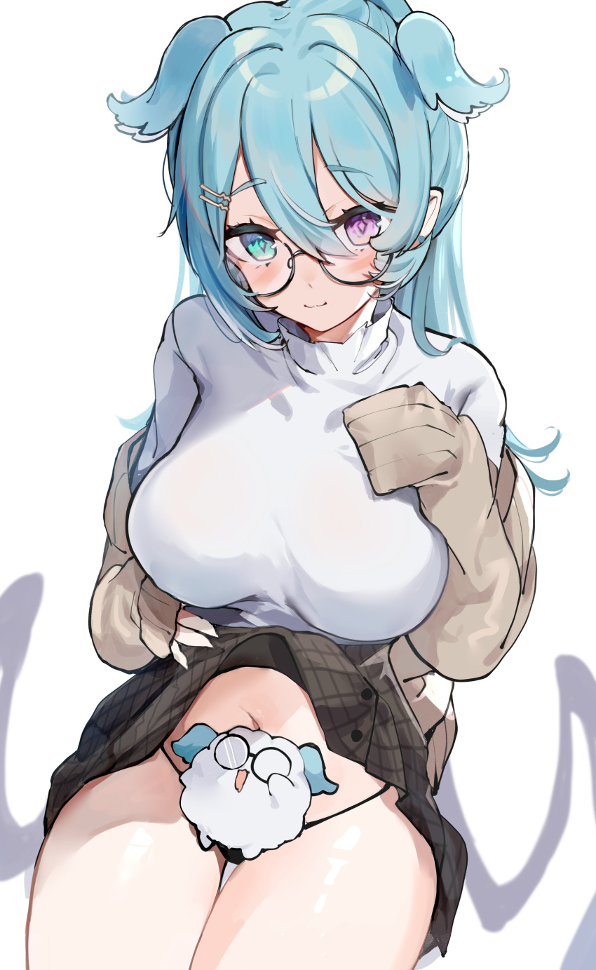 1girl absurdres black_panties black_skirt blue_eyes blush breasts brown_cardigan cardigan closed_mouth clothes_lift elira_pendora famelira_(elira_pendora) feet_out_of_frame glasses hair_between_eyes head_wings heterochromia highres large_breasts lifted_by_self long_hair looking_at_viewer navel nijisanji nijisanji_en oimo_0imo panties purple_eyes shirt simple_background sitting skirt skirt_lift smile thighs underwear virtual_youtuber white_background white_shirt