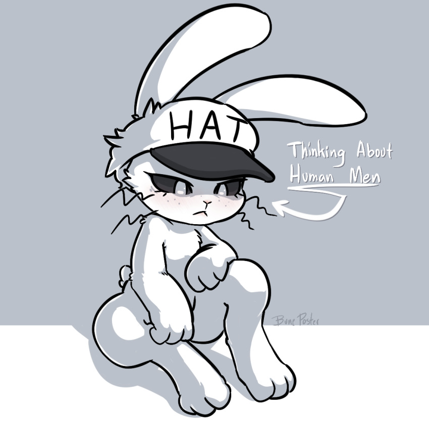 anthro black_sclera blush buneposter clothing english_text female freckles fur hat headgear headwear jenny_jeungman lagomorph leporid long_ears mammal monochrome paws rabbit scut_tail short_tail solo tail text text_on_clothing whiskers white_body white_eyes white_fur