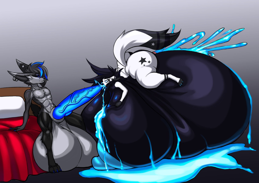 abaddon_evandermun_(abaddonad) anthro arctic_fox big_breasts big_dom_small_sub big_penis black_body black_fur blue_cum blue_hair blue_penis bodily_fluids bottom_heavy breasts can't_be_found_on_site. canid canine colored_cum cum cum_inflation custom_species dominant duo female fox fur genital_fluids genitals glowing glowing_cum glowing_genitalia hair hi_res huge_breasts huge_penis hyper hyper_breasts hyper_genitalia hyper_penis inflation izadore_evandermun_(kaiser) male male/female mammal penis red_sheets size_difference unusual_bodily_fluids unusual_cum unusual_genital_fluids white_body white_fur