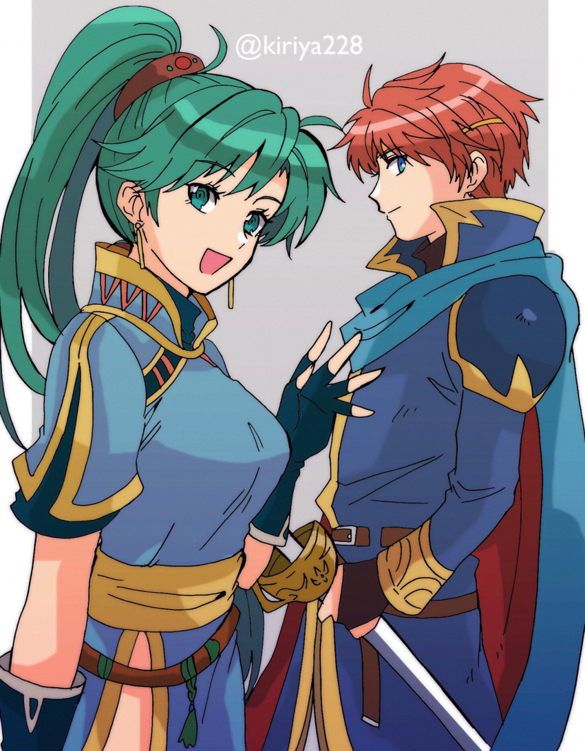 1boy 1girl blue_cape blue_dress blue_eyes cape dress eliwood_(fire_emblem) fingerless_gloves fire_emblem fire_emblem:_the_blazing_blade gloves green_eyes green_hair grey_background hand_up highres kiriya_(552260) looking_at_viewer lyn_(fire_emblem) ponytail red_hair simple_background smile sword weapon