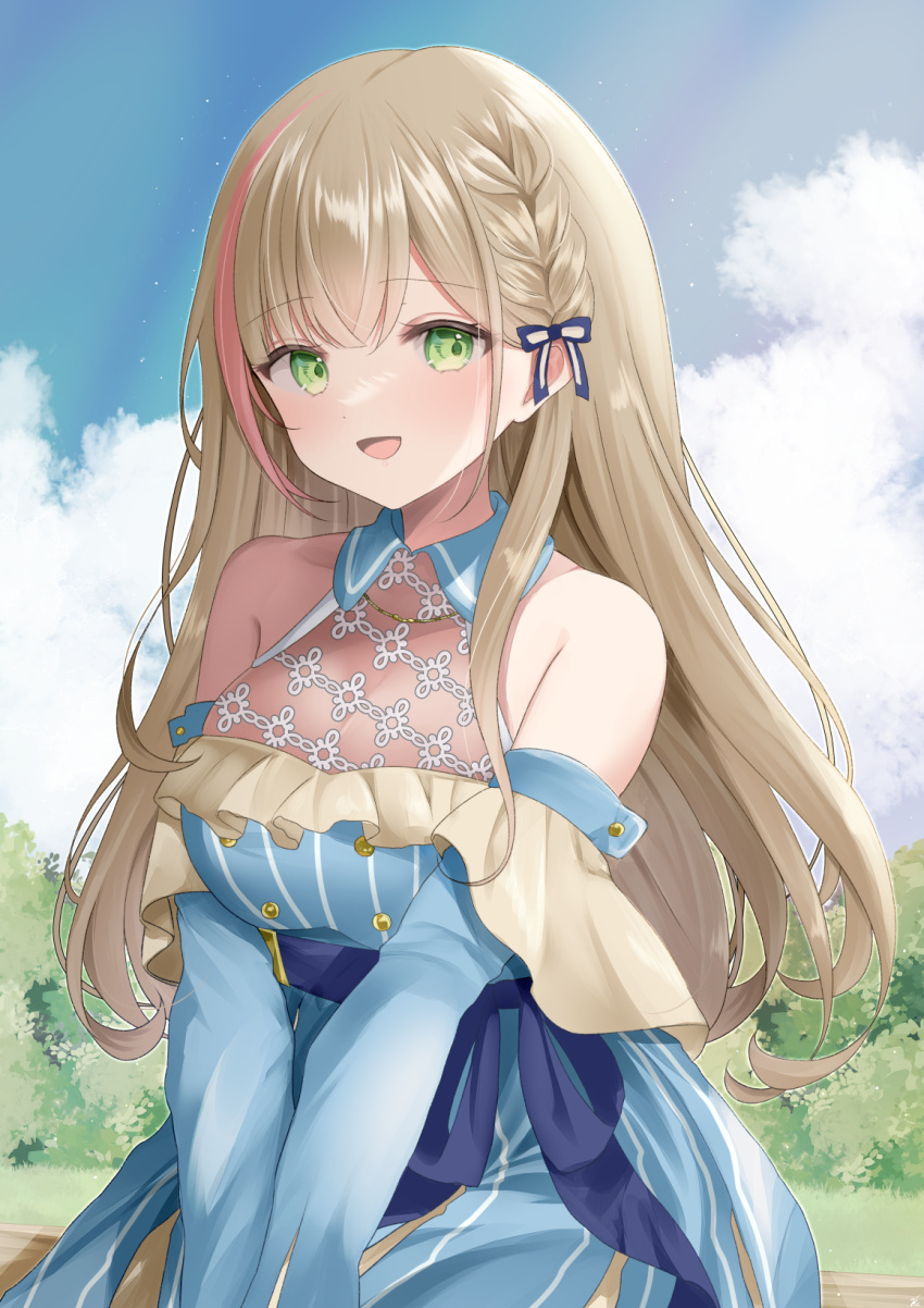 1girl amano_mano_(vtuber) bare_shoulders blue_bow blue_collar blue_dress blue_ribbon bow braid breasts bush buttons cleavage cloud collar commission dress green_eyes hair_bow highres indie_virtual_youtuber jewelry kurage_cc long_hair multicolored_hair necklace off-shoulder_dress off_shoulder open_mouth pink_hair ribbon see-through see-through_cleavage skeb_commission sky solo streaked_hair striped striped_dress vertical-striped_dress vertical_stripes virtual_youtuber