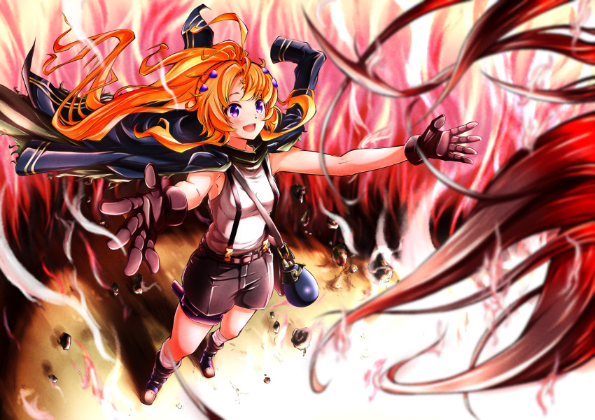 1girl absurdres bag black_gloves boots breasts commentary_request duel_monster ecclesia_(yu-gi-oh!) facial_mark fire forehead_mark foreshortening gloves handbag highres incredible_ecclesia_the_virtuous jacket jacket_on_shoulders long_hair medium_breasts open_mouth orange_hair outstretched_arms ponytail purple_eyes short_shorts shorts smile solo suspenders winda_4n96 yu-gi-oh!