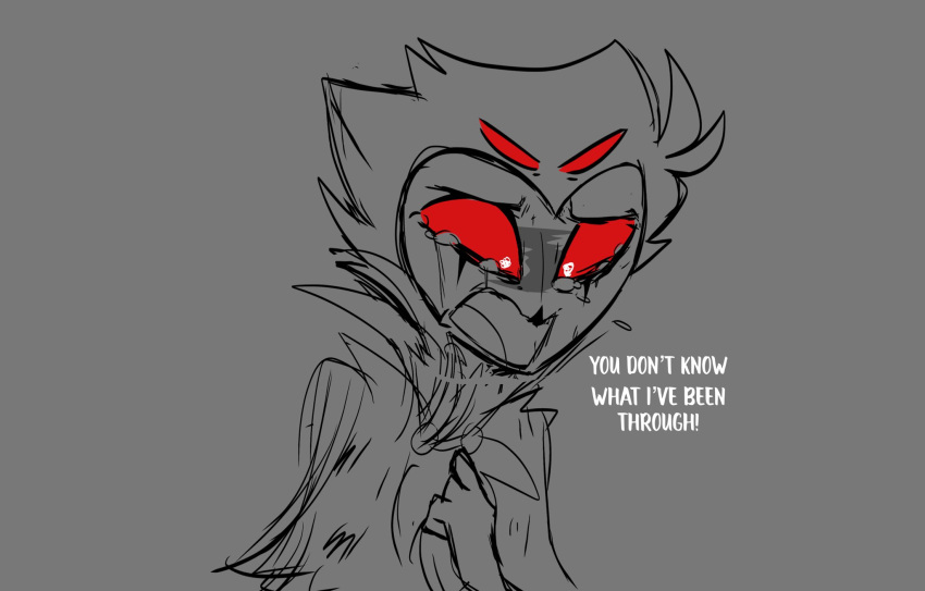 anthro avian bird bodily_fluids crying dialogue formal_clothing formal_wear grey_background hair helluva_boss hi_res looking_down male owl owl_demon red_eyes sad short_hair simple_background solo stolas_(helluva_boss) tears teathekook text white_text yelling