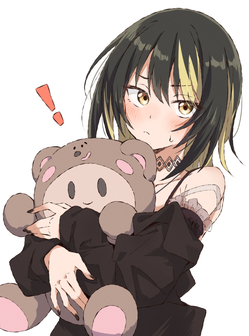 ! 1girl black_hair black_nails black_shirt blonde_hair blush commentary_request eito12 highres holding holding_stuffed_toy idolmaster idolmaster_shiny_colors ikaruga_luca long_sleeves looking_at_viewer multicolored_hair nail_polish pout shirt short_hair sidelocks solo stuffed_animal stuffed_toy sweat teddy_bear two-tone_hair upper_body white_background yellow_eyes