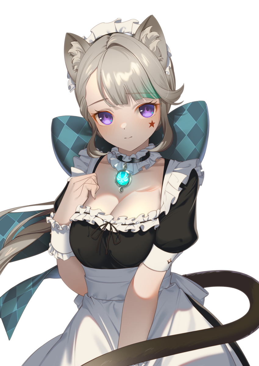 1girl alternate_costume animal_ear_fluff animal_ears apron bow braid breasts cat_ears cat_girl cat_tail choker cleavage collarbone commentary_request enmaided facial_tattoo forehead frilled_apron frilled_choker frills genshin_impact grey_hair hair_bow hair_ribbon highres long_hair looking_at_viewer lynette_(genshin_impact) maid maid_apron maid_headdress meda medium_breasts parted_bangs pendant_choker ponytail purple_eyes ribbon short_sleeves sidelocks simple_background single_braid solo star_tattoo tail tattoo vision_(genshin_impact) white_apron white_background white_choker wristband