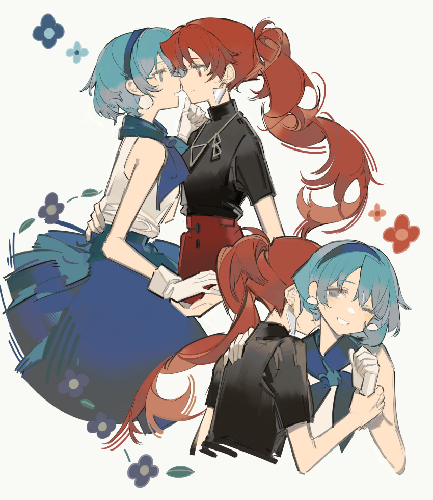 2girls absurdres black_shirt blue_eyes blue_flower blue_hair blue_shawl dangle_earrings earrings flower from_side gloves hairband hand_on_another's_chin hand_on_another's_waist highres holding_another's_wrist imminent_kiss jewelry kiss kissing_neck long_hair looking_at_another mahou_shoujo_madoka_magica miki_sayaka multiple_girls one_eye_closed ponytail red_eyes red_flower red_hair red_skirt rin_lingsong sakura_kyoko shawl shirt short_hair skirt sleeveless sleeveless_shirt smile upper_body very_long_hair white_background white_gloves yuri