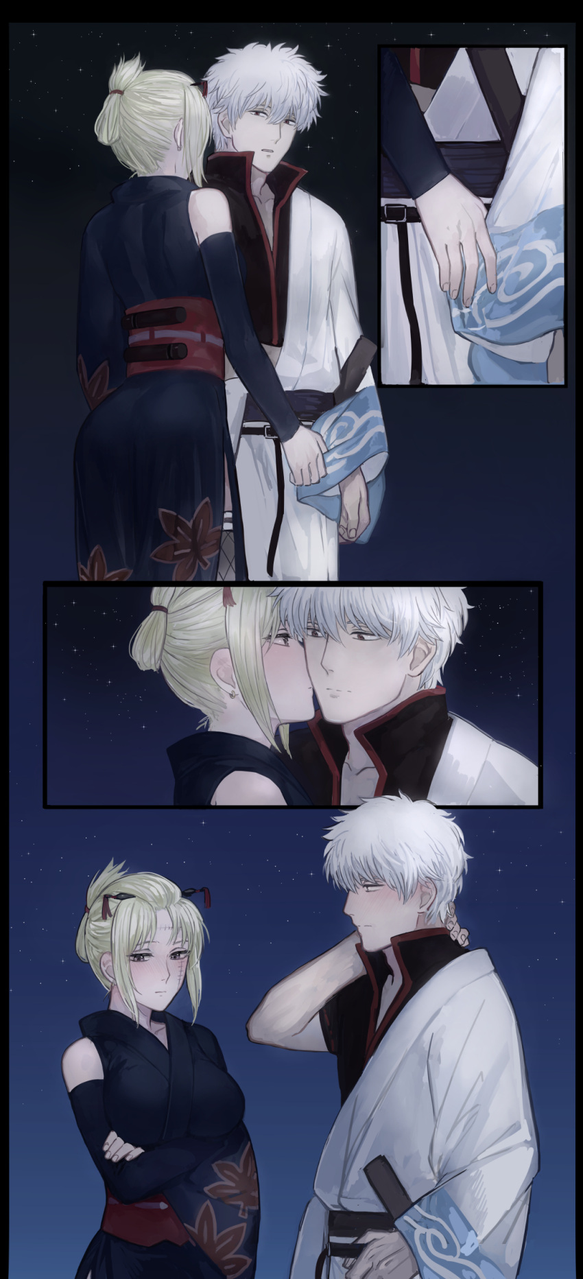 1boy 1girl averting_eyes belt black_kimono black_sleeves blonde_hair breasts brown_eyes clothes_grab crossed_arms earrings folded_ponytail gintama hadanugi_dousa hetero highres japanese_clothes jewelry kimono kiss kissing_cheek large_breasts leaf_print long_sleeves looking_at_viewer night night_sky open_mouth red_eyes sakata_gintoki scar scar_on_cheek scar_on_face short_hair shy single_bare_shoulder sky sleeve_grab star_(sky) starry_sky stitched_face stitches tsukuyo_(gintama) white_kimono wide_sleeves zakirsiz