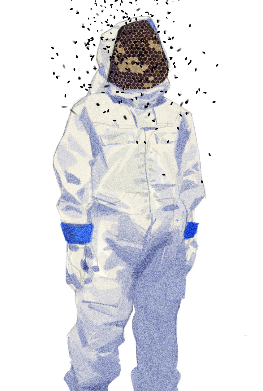 1other ambiguous_gender bee beehive beekeeping_suit bug commentary deadfishspy english_commentary gloves highres object_head original simple_background solo standing white_background white_gloves