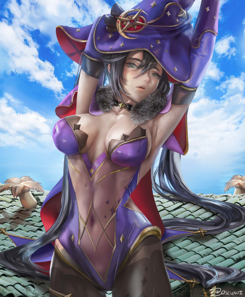 1girl absurdres armpits black_hair black_pantyhose breasts cleavage covered_navel genshin_impact hat highres leotard long_hair looking_at_viewer mona_(genshin_impact) mushroom oscuroii pantyhose see-through sideboob sky solo sweat witch_hat