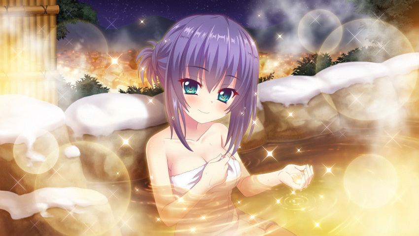 1girl aqua_eyes bamboo_fence bathing blue_hair breasts cleavage closed_mouth collarbone dot_nose fence film_grain game_cg hand_on_own_chest head_tilt honjou_kasumi izumi_tsubasu lens_flare looking_at_viewer medium_breasts medium_hair naked_towel night night_sky non-web_source official_art onsen outdoors partially_submerged re:stage! rock sky smile snow solo sparkle star_(sky) starry_sky steam towel town tree