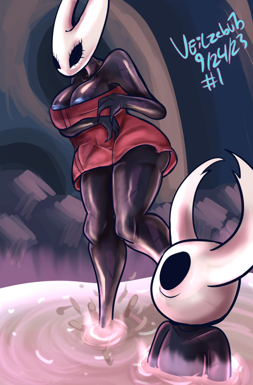 absurd_res anthro areola areola_slip arm_under_breasts arthropod big_breasts black_body black_eyes blue_areola breasts duo empty_eyes eyelashes female hi_res hollow_knight hornet_(hollow_knight) hot_spring huge_breasts insect male partially_submerged red_towel standing_in_water team_cherry the_knight_(hollow_knight) thick_thighs towel towel_on_head veilzebub water white_body wide_hips