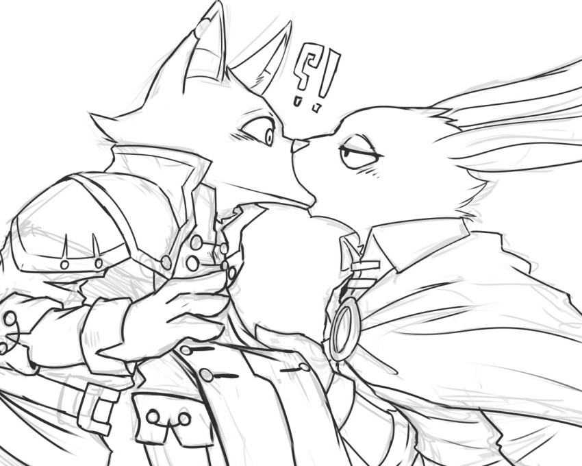 5:4 anthro blush clothed clothing duo exclamation_point female kissing kuttoyaki lagomorph leporid male mammal monochrome narrowed_eyes notched_ear question_mark rabbit simple_background topwear wide_eyed