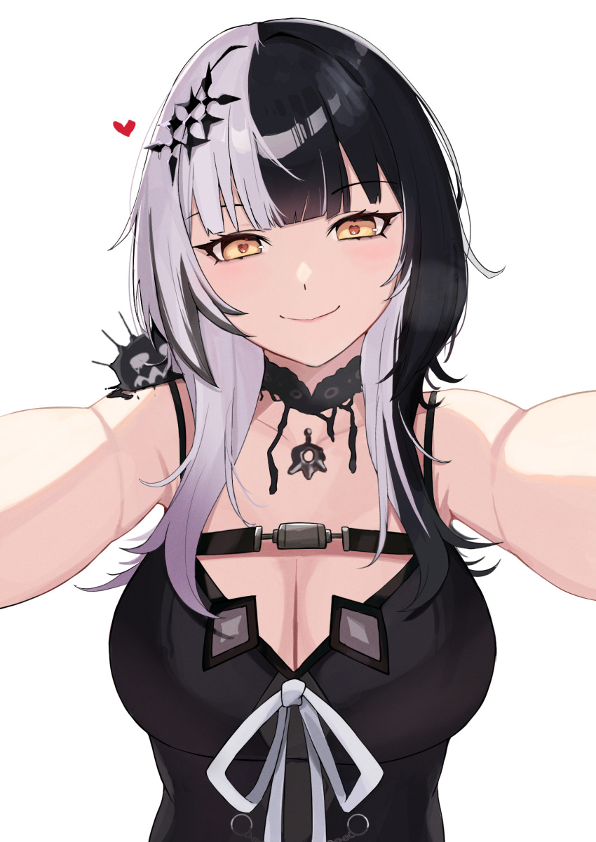 1girl black_choker black_dress black_hair breasts choker cleavage closed_mouth collarbone dress heart heart-shaped_pupils highres hololive hololive_english ku_roiko lace lace_choker large_breasts long_hair looking_at_viewer multicolored_hair shiori_novella sleeveless sleeveless_dress smile solo split-color_hair symbol-shaped_pupils two-tone_hair virtual_youtuber white_background white_hair yellow_eyes yorick_(shiori_novella)