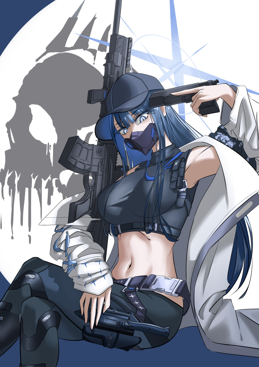 1girl absurdres bare_shoulders baseball_cap belt black_belt black_headwear black_pants black_shirt blue_archive blue_eyes blue_hair coat commentary_request crop_top crossed_legs feet_out_of_frame gun gun_to_head handgun hat highres holding holding_gun holding_weapon langwo leggings long_hair looking_at_viewer mask midriff mouth_mask navel open_clothes open_coat pants rifle saori_(blue_archive) shirt sitting sleeveless sleeveless_shirt solo stomach thighs weapon white_coat