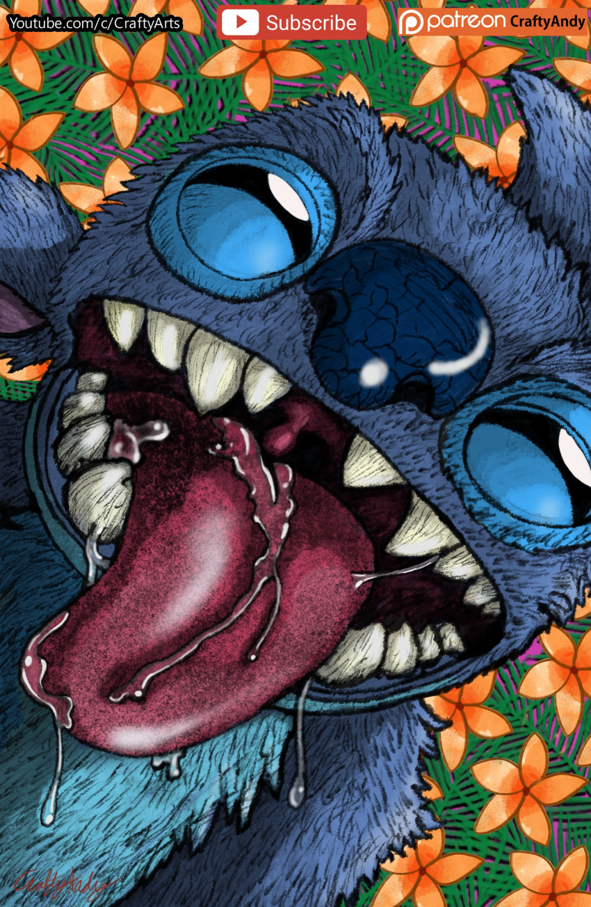 2023 alien ambiguous_gender black_eyes blue_body blue_fur blue_nose bodily_fluids craftyandy disney experiment_(lilo_and_stitch) floral_background flower fur hi_res lilo_and_stitch male_(lore) narrowed_eyes open_mouth open_smile patreon patreon_logo plant saliva signature smile solo stitch_(lilo_and_stitch) subscribe_button text tongue tongue_out url uvula youtube youtube_logo