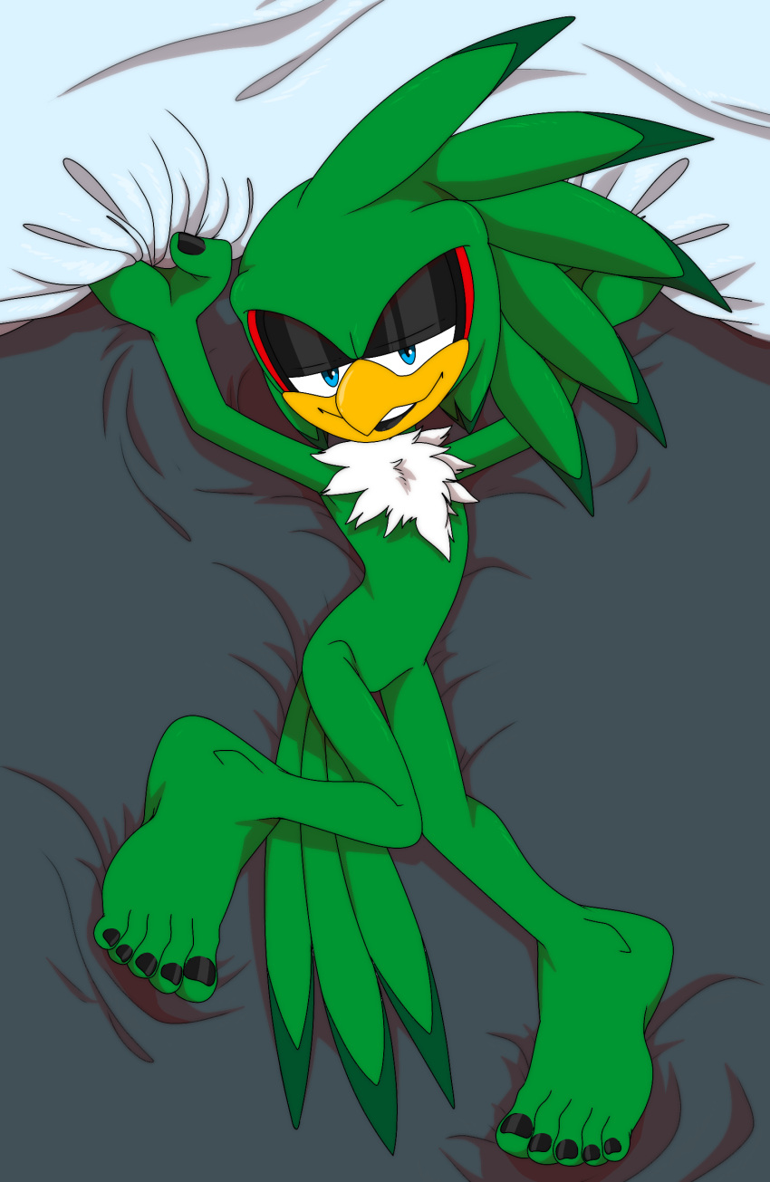 5_toes accipitrid accipitriform anthro avian barefoot bed bedroom bird colored_nails feet foot_ninja15 furniture goth hi_res jet_the_hawk male nails sega solo sonic_riders sonic_the_hedgehog_(series) toes