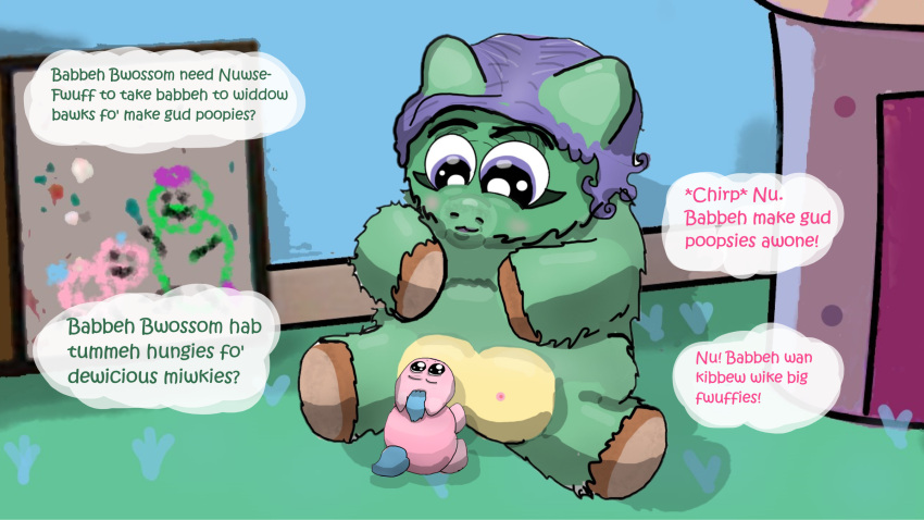 ambiguous_gender baby_talk blue_eyes blue_hair breastfeeding chirping dialogue duo english_text female feral fluffy_pony fluffy_pony_(species) fur green_body green_fur hair hi_res mammal othercoraline pink_body pink_fur purple_hair shadow teats text