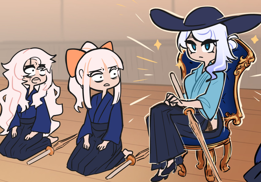 3girls black_hakama blue_hakama bokken centurii-chan_(artist) chair crossed_legs dojo hakama hakama_skirt hat highres japanese_clothes kendo multiple_girls on_chair original rapier-chan_(centurii) scar scar_across_eye seiza shinai sitting skirt surprised sword weapon wooden_floor wooden_sword