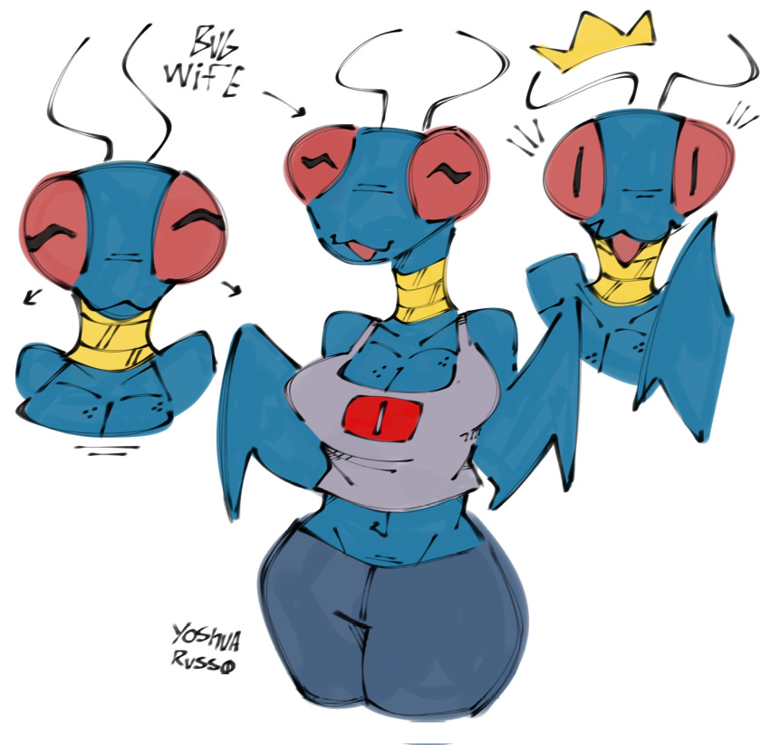 2023 antennae_(anatomy) anthro arthropod artist_name big_breasts big_eyes biped black_pupils black_text blep blue_body blue_bottomwear blue_breasts blue_clothing blue_pants bottomwear breasts cleavage cleavage_overflow closed_smile clothed clothed_anthro clothed_female clothing compound_eyes digital_drawing_(artwork) digital_media_(artwork) directional_arrow emanata english_text female female_anthro fully_clothed fully_clothed_anthro fully_clothed_female grey_clothing grey_shirt grey_t-shirt grey_topwear hi_res image_comics insect invincible_(comics) invincible_(tv_series) jewelry legs_together midriff mouth_closed neck_ring pants print_clothing print_shirt print_t-shirt print_topwear pupils red_eyes red_tongue shirt simple_background smile solo standing t-shirt text thick_thighs thraxan tongue tongue_out topwear unusual_pupils white_background wide_hips yellow_emanata yoshua_russo