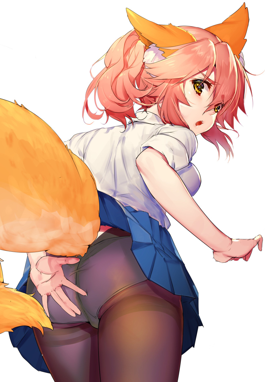 1girl absurdres animal_ear_fluff animal_ears ass blue_skirt breasts brown_pantyhose fate/extra fate_(series) fox_ears fox_girl fox_tail hair_between_eyes highres large_breasts long_hair looking_at_viewer looking_back mogullaz open_mouth panties panties_under_pantyhose pantyhose pink_hair pleated_skirt shirt short_sleeves sidelocks skirt solo tail tamamo_(fate) tamamo_no_mae_(fate/extra) twintails underwear white_shirt yellow_eyes