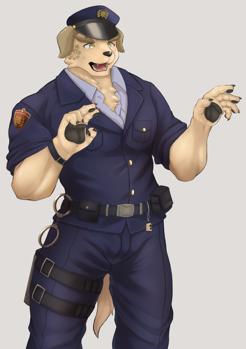 1boy animal_nose bara belt belt_pouch chest_tuft commentary_request cowboy_shot cuffs dog_boy dog_tail dress_shirt facial_tattoo fangs fingernails furry furry_male grey_background handcuffs hat highres ippiki male_focus muscular muscular_male nobumichi_(housamo) open_mouth partially_unbuttoned pawpads police police_hat police_uniform policeman pouch sharp_fingernails shirt solo sweatdrop tail tattoo tokyo_afterschool_summoners uniform yellow_eyes yellow_fur