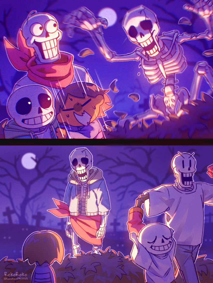 1other 2boys androgynous bone boots bright_pupils brown_hair closed_eyes colored_sclera frisk_(undertale) gloves grin highres hollow_mouth hood hoodie korokor59513559 long_sleeves monster_boy multiple_boys papyrus_(undertale) ribs sans scarf shirt short_hair shorts skeleton skull smile spine striped striped_shirt striped_sweater sweater teeth undead undertale white_pupils