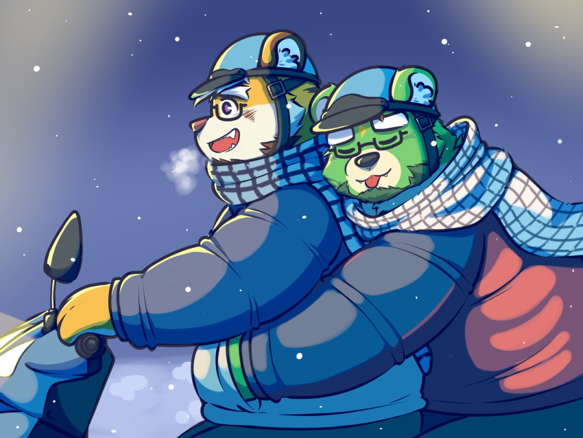 2023 4:3 anthro armor bear bottomwear clothing duo embrace eyes_closed eyewear glasses green_body headgear helmet hi_res hug hugging_from_behind kemono male mammal motorcycle noichi_53 outside overweight overweight_male pants scarf snow snowing sweater topwear vehicle