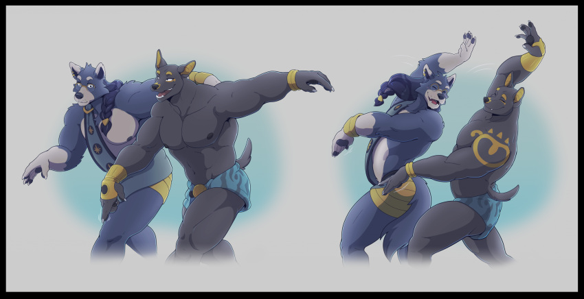 adastra adastra_(series) anthro canid canine canis dancing duo echo_project gold_markings hi_res jackal khemia male mammal markings muscular muscular_anthro muscular_male neferu_(adastra) nipples scipio_(khemia) thepurp wolf