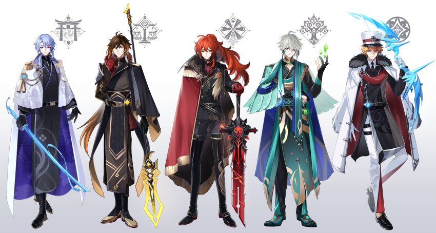5boys ahoge aiguillette alhaitham_(genshin_impact) antenna_hair arm_behind_back armor balance_scale belt black_belt black_cape black_footwear black_gloves black_jacket black_kimono black_necktie black_pants blue_cape blue_eyes blue_hair boots bow_(weapon) brooch brown_eyes brown_hair brown_robe cape cleavage_cutout closed_mouth clothing_cutout coat coat_on_shoulders collared_cape collared_shirt commentary_request cross-laced_footwear crossed_bangs crystal diluc_(genshin_impact) earrings egasumi epaulettes expressionless eyes_visible_through_hair floating_hair floral_print fold-over_boots full_body fur-trimmed_coat fur_trim gem genshin_impact gloves gold_trim gradient_hair green_cape green_eyes green_footwear green_gemstone green_robe grey_hair hair_between_eyes hair_intakes hair_over_one_eye hand_up hat high_ponytail highres holding holding_bow_(weapon) holding_polearm holding_sword holding_weapon jacket japanese_clothes jewelry kamisato_ayato kimono lace-up_boots lapels liquid_weapon long_hair long_sleeves looking_at_viewer male_focus mitsudomoe_(shape) mole mole_under_mouth multicolored_hair multiple_boys necktie orange_hair pants parted_bangs partially_fingerless_gloves pauldrons peaked_cap polearm ponytail popped_collar purple_eyes red_cape red_eyes red_gemstone red_gloves red_hair rnknmrm robe sash serious shirt short_hair shoulder_armor side_cape simple_background single_earring single_pauldron smile standing swept_bangs sword tartaglia_(genshin_impact) tassel tassel_earrings thigh_boots tomoe_(symbol) torii two-sided_cape two-sided_coat two-sided_fabric two-tone_footwear very_long_hair vision_(genshin_impact) vortex_vanquisher_(genshin_impact) weapon weighing_scale white_background white_cape white_coat white_gloves white_headwear white_pants white_shirt wing_collar wolf's_gravestone_(genshin_impact) zhongli_(genshin_impact)