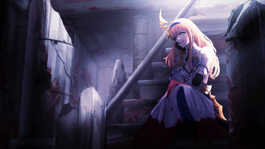 1girl black_gloves blonde_hair blood blood_on_clothes blood_splatter blue_eyes breasts cero421 cleavage cleavage_cutout clothing_cutout dress enyo_(granblue_fantasy) gauntlets gloves granblue_fantasy hairband hand_on_own_cheek hand_on_own_face highres long_hair looking_at_viewer pillar sitting small_breasts smirk solo stairs white_dress