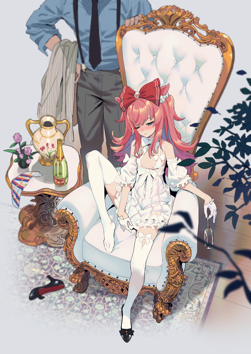 1boy 1girl absurdres agnes_digital_(umamusume) animal_ears armchair bare_shoulders black_footwear black_pants blue_skirt blurry blurry_background blurry_foreground bow bowtie breasts chair champagne_bottle champagne_flute cup depth_of_field detached_sleeves dress drinking_glass feet_out_of_frame gloves green_eyes hair_bow half_gloves high_heels highres holding holding_cup horse_ears long_hair pants pink_hair plant potted_plant rug sarcophage shoes single_shoe sitting skirt sleeveless sleeveless_dress small_breasts solo_focus standing suspenders table thighhighs trainer_(umamusume) two_side_up umamusume vase white_dress white_gloves white_thighhighs