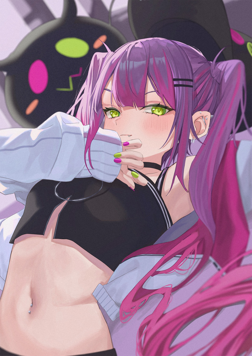 1girl arm_up armpits bibi_(tokoyami_towa) black_choker black_headwear black_shirt blunt_bangs blurry blurry_background blush choker closed_mouth commentary cropped_shirt depth_of_field dutch_angle fang green_eyes green_nails hair_ornament hairclip hand_up highres hololive jacket long_hair long_sleeves looking_at_viewer lying multicolored_hair navel navel_piercing noviceeeeeeee on_back open_clothes open_jacket parted_bangs piercing pink_hair pink_nails purple_hair shirt sidelocks sleeves_past_wrists solo streaked_hair symbol-only_commentary tokoyami_towa twintails upper_body virtual_youtuber white_jacket