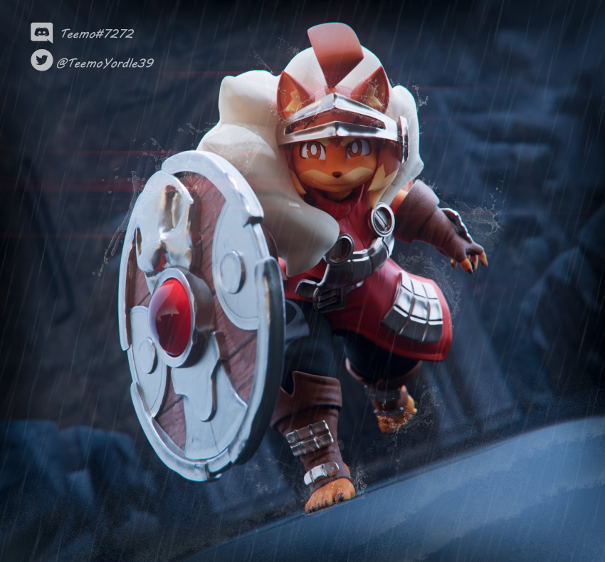 2023 3d_(artwork) anthro armor breastplate canid canine canis digital_media_(artwork) dog_knight_rpg domestic_dog female fur hi_res highlights_(coloring) maci_(ceehaz) mammal multicolored_body multicolored_fur orange_body orange_fur pomeranian raining running shield solo spitz teemoty two_tone_body two_tone_fur