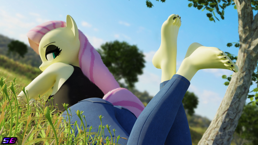3d_(artwork) 5_toes absurd_res anthro barefoot bottomwear clothing crossed_ankles denim denim_bottomwear denim_clothing digital_media_(artwork) equid equine feet female fluttershy_(mlp) friendship_is_magic hasbro hi_res humanoid_feet jeans looking_back lying mammal my_little_pony on_front pants pegasus plantigrade shadowboltsfm shirt solo toes topwear wings