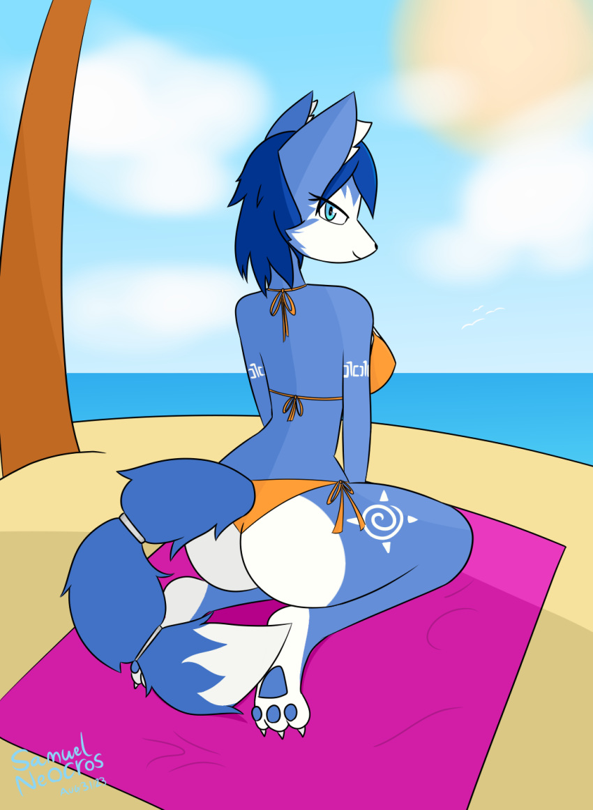 anthro arctic_fox beach bikini butt canid canine clothing female fox hi_res island krystal mammal nintendo samuel-neocros seaside solo star_fox summer swimwear tattoo tribal tribal_tattoo