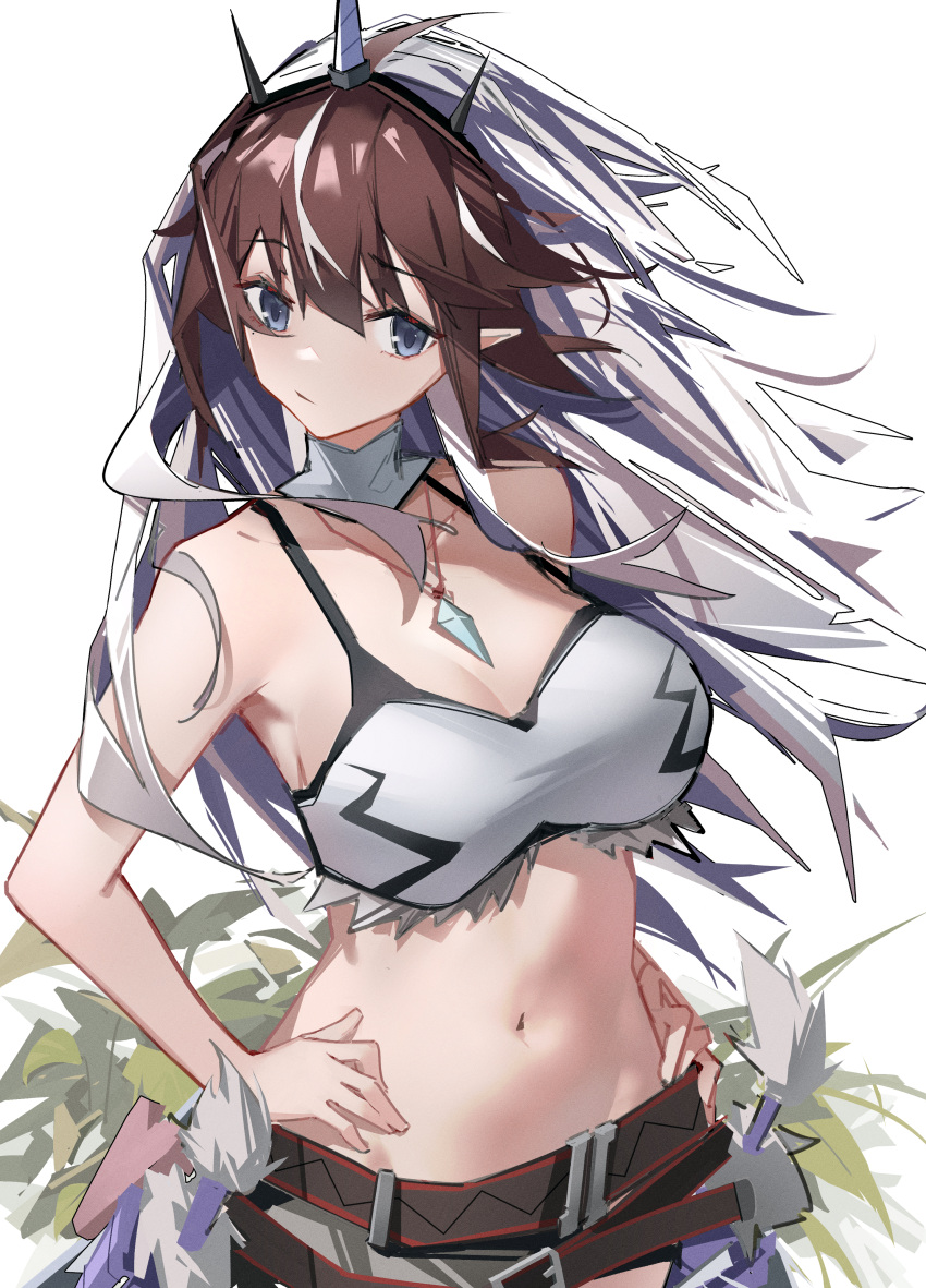 1girl absurdres arknights bare_arms bare_shoulders belt bikini bikini_top_only black_belt blue_eyes breasts brown_hair chichi_guai cleavage commentary_request fake_horns highres horns jewelry large_breasts long_hair looking_at_viewer monster_hunter_(series) navel pendant poi simple_background solo stomach swimsuit upper_body very_long_hair white_background yato_(arknights)