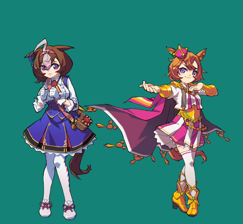 2girls :3 @_@ absurdres ahoge aiguillette animal_ears bag blue_dress breasts brown_bag brown_hair buttons cape center_frills chain clenched_hands closed_mouth collared_shirt commentary_request cropped_jacket crown double-breasted dress ear_ornament ear_ribbon frills full_body gold green_background hair_between_eyes hairband highres horse_ears horse_girl horse_tail jacket keychain light_blush long_sleeves looking_at_viewer meisho_doto_(umamusume) multiple_girls orange_hair pantyhose pink_cape pink_hairband pink_skirt puffy_sleeves purple_eyes purple_ribbon ribbon shirt short_hair shoulder_bag skirt small_breasts smile suzuhara_kenji t.m._opera_o_(umamusume) tail thighhighs tilted_headwear two-tone_skirt umamusume umbrella white_footwear white_hair white_jacket white_pantyhose white_skirt white_thighhighs yellow_footwear