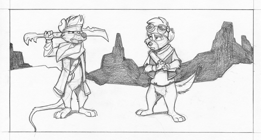 anthro bandanna barefoot buckteeth canyon cirruskitfox clothing coat desert duo eyewear feet goggles graphite_(artwork) hands_clapsed holding_object holding_sword holding_weapon kerchief male mammal melee_weapon monochrome pantsless pencil_(artwork) rodent sword teeth toony topwear traditional_media_(artwork) weapon wrap