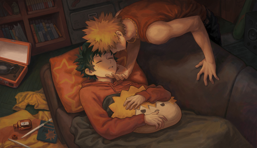 2boys absurdres bakugou_katsuki bare_arms bare_shoulders bent_over blonde_hair bnahzub boku_no_hero_academia book bookshelf bottle bottle_cap boxers character_name character_pillow chinese_commentary closed_eyes closed_mouth clothes_on_floor clothes_removed couch covered_eyes drawer drawstring dutch_angle empty_bottle face-to-face fingernails freckles from_above graffiti green_hair hand_on_another's_chin highres hood hood_down hoodie indoors jewelry knee_up long_sleeves lying male_focus male_underwear midoriya_izuku multiple_boys necklace object_hug object_request official_alternate_costume on_back on_couch orange_hoodie orange_tank_top outstretched_arms parted_lips pillow pillow_hug profile record shadow short_hair sleeping sleeveless speaker spiked_hair standing star_(symbol) star_print sticker tank_top underwear wooden_floor yaoi yellow_male_underwear