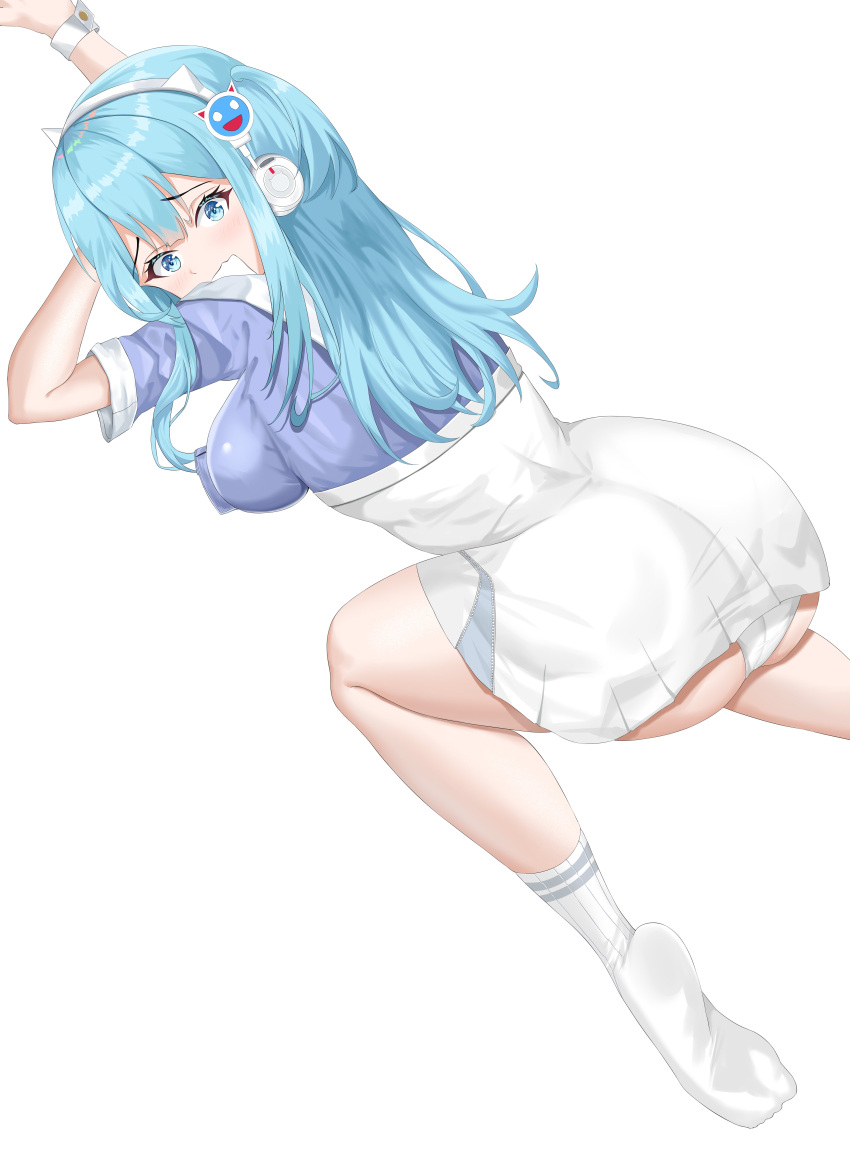 1girl absurdres aishendejian ass blue_hair earphones gag gloves goddess_of_victory:_nikke high-waist_skirt highres improvised_gag long_sleeves outstretched_arms panties panty_peek shifty_(nikke) shoes skirt sneakers socks solo tape tape_gag thighs two_side_up underbutt underwear white_footwear white_gloves white_panties white_skirt white_socks zoom_layer