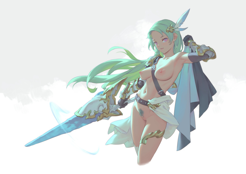 1girl bigrbear black_gloves breasts commentary_request female_pubic_hair gauntlets gloves green_hair green_pubic_hair grey_background holding holding_sword holding_weapon large_breasts long_hair looking_at_viewer navel nipples nude original pink_eyes pubic_hair pussy solo sword thighs uncensored weapon