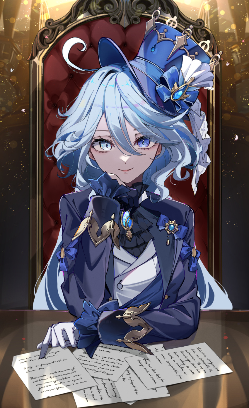 1girl absurdres ahoge ascot asymmetrical_gloves black_ascot black_gloves blue_eyes blue_hair blue_headwear blue_jacket commentary drop-shaped_pupils furina_(genshin_impact) genshin_impact gloves hair_between_eyes hand_on_own_cheek hand_on_own_face hat head_rest heterochromia highres jacket kaya_(tyhk7874) light_blue_hair long_hair long_sleeves looking_at_viewer mismatched_gloves mismatched_pupils multicolored_hair on_chair open_mouth paper papers sidelocks simple_background sitting smile solo streaked_hair table top_hat two-tone_hair upper_body wavy_hair white_gloves