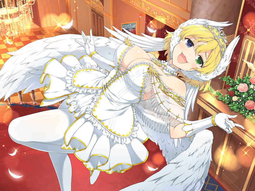 1girl :3 ahoge blonde_hair blue_eyes blush breasts chandelier choker cleavage door feather_hair_ornament feathered_wings feathers flower gloves green_eyes hair_ornament heterochromia highres jewelry large_breasts looking_at_viewer necklace official_art open_mouth painting_(object) pantyhose pearl_necklace red_carpet ryouna_(senran_kagura) senran_kagura senran_kagura_new_link senran_kagura_shinovi_versus short_hair smile solo stairs tiara tile_floor tiles tongue wings