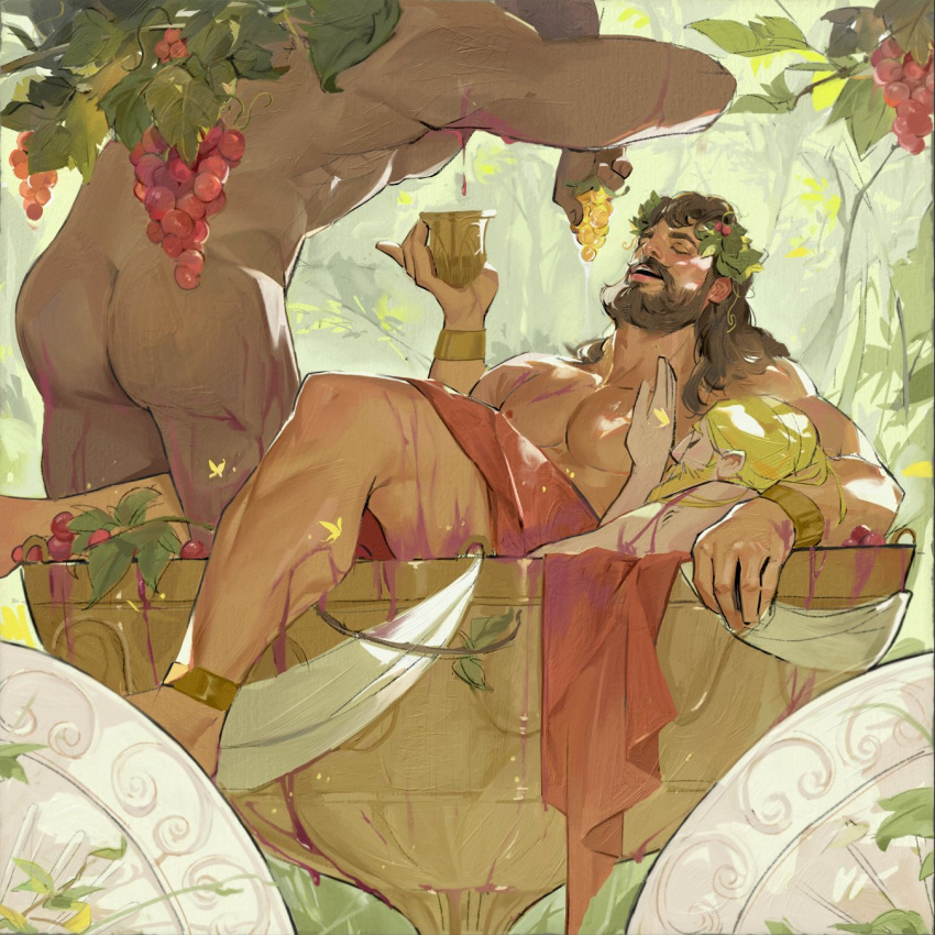 anklet ass bara blonde_hair brown_hair cup dark-skinned_male dark_skin drinking_glass feeding food fruit grape_juice grapes greek_clothes hand_on_another's_chest highres jewelry jinhallz laurel_crown leaning_forward long_hair male_focus mature_male muscular muscular_male original overflowing oversized_object pectorals plant promotional_art sleeping solo_focus standing sunlight thick_eyebrows thick_thighs thighs topless_male vines wine_glass yaoi